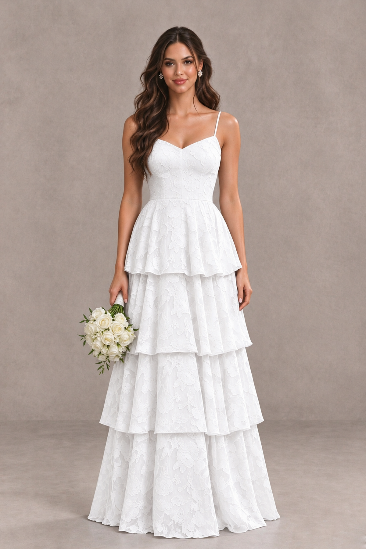 BOLODOO White Tiered Floral-Textured Spaghetti Strap Maxi Dress - White - White_1