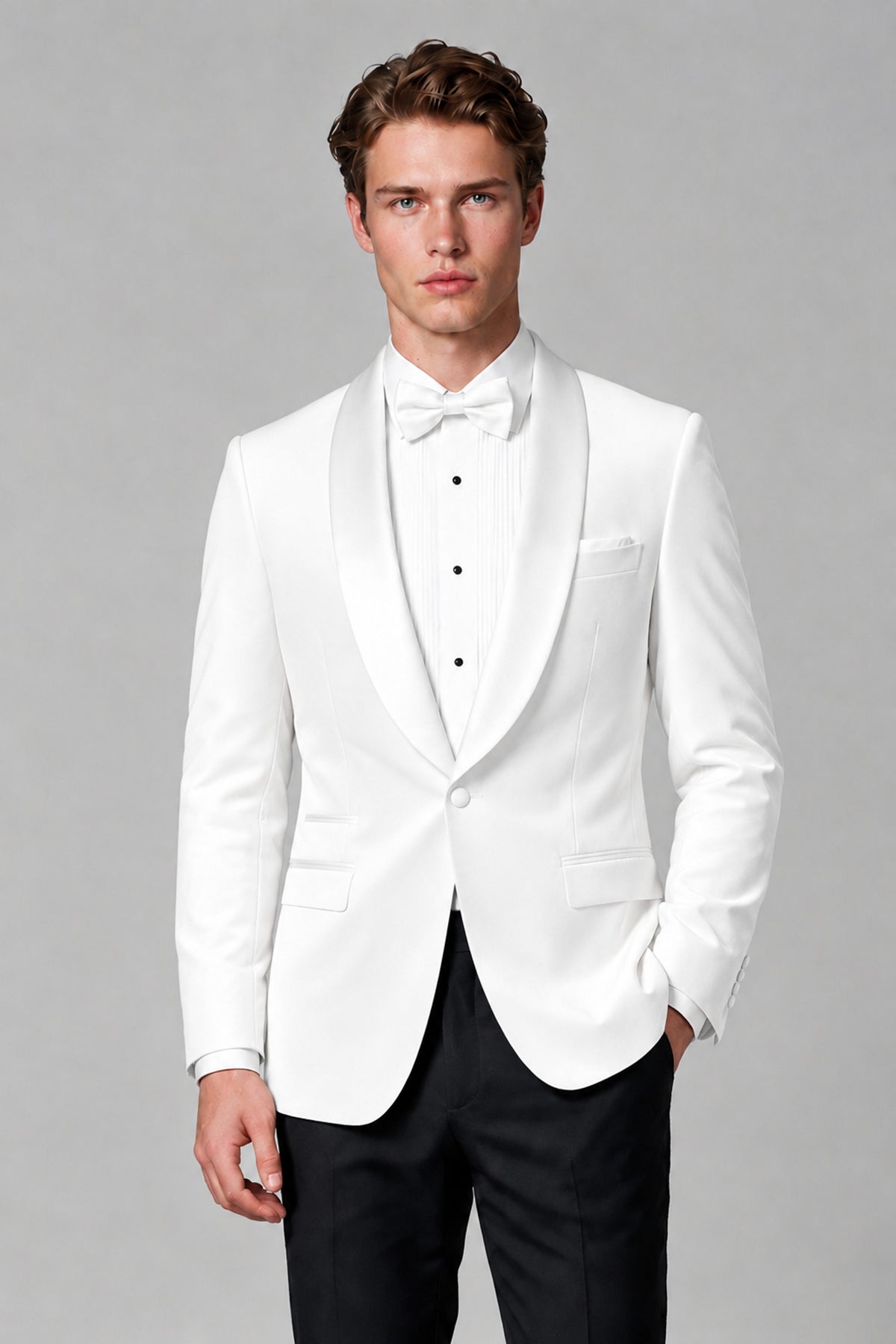 BOLODOO Men's White Velvet Blazer | Shawl Lapel Tuxedo Jacket - White - White_1