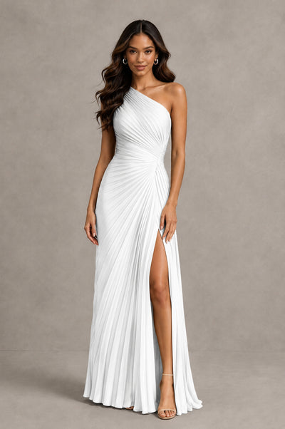 BOLODOO White One Shoulder Pleated Evening Dress with Ruched Waist and High Slit - White - White_1