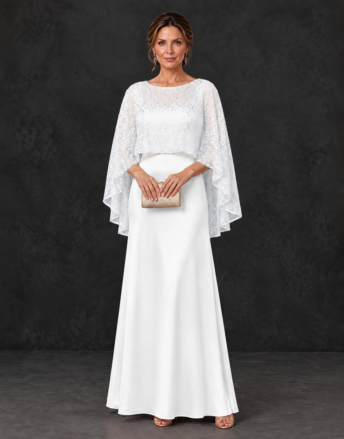 BOLODOO White Sparkle Cape Sleeve Mother of the Bride Dress - White - White_1