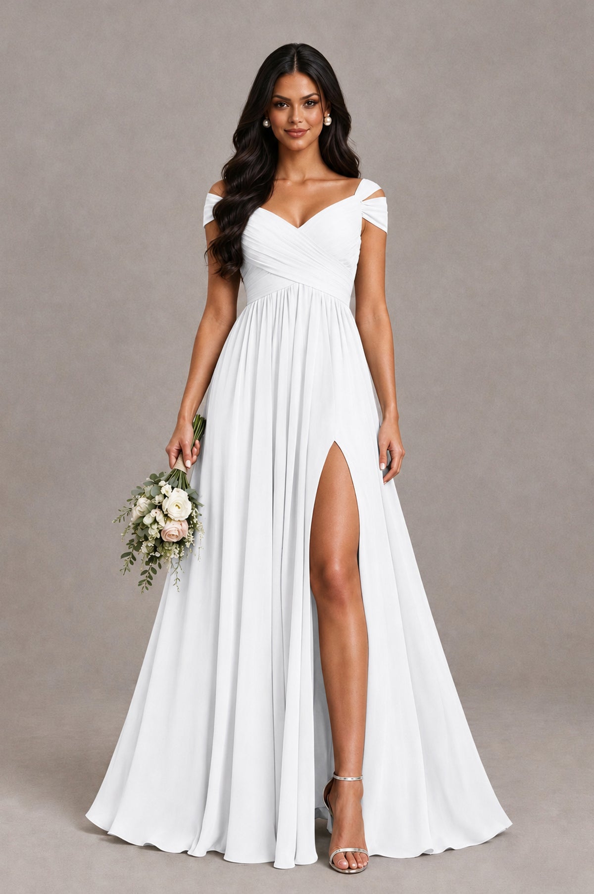 BOLODOO White Cold Shoulder Chiffon Evening Dress with V Neck and High Slit - White - White_1