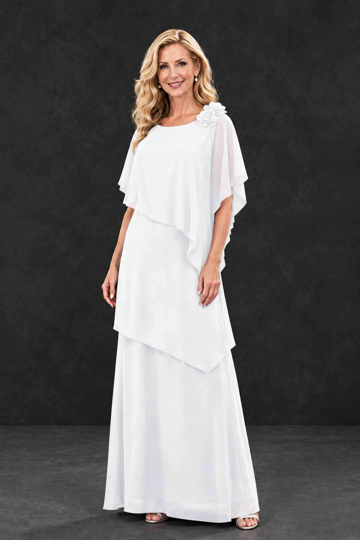 BOLODOO White Tiered Flutter Sleeve Mother of the Bride Maxi Dress - White - White_1