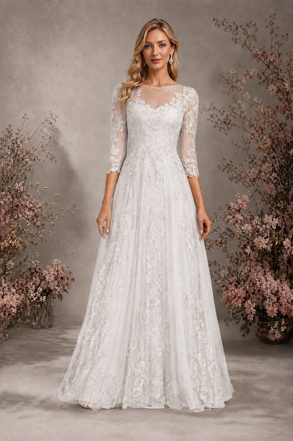 BOLODOO White Sequin Lace 3/4 Sleeve Open Back Formal Evening Gown - White