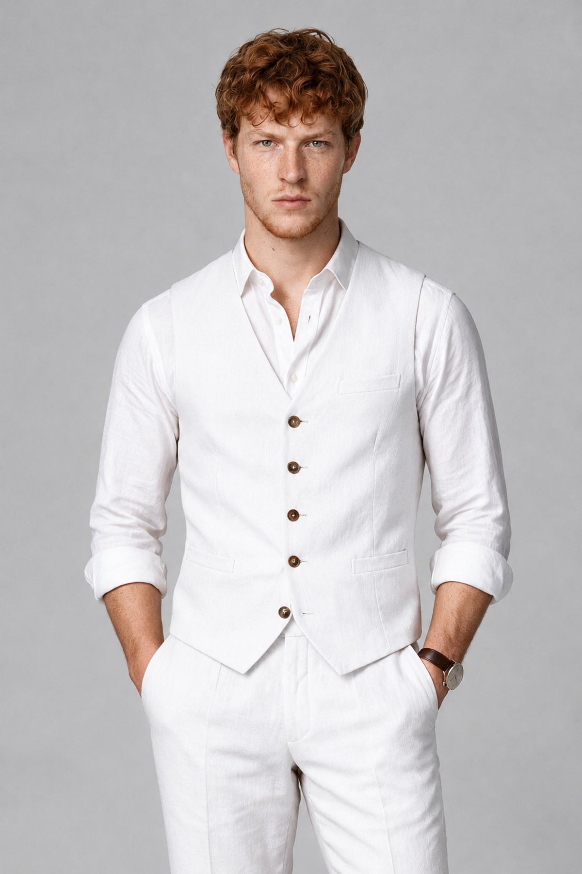 Bolodoo Men's White 2-Piece Vest and Pants Set with V-Neck Waistcoat - White - White_1