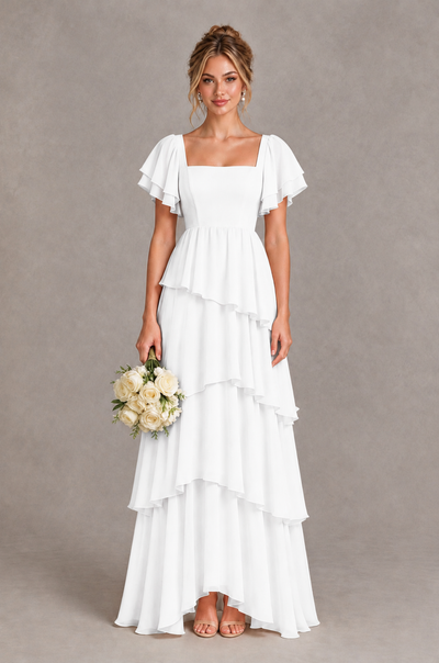 BOLODOO White Square Neck Flutter Sleeve Tiered Chiffon Bridesmaid Dress with Lace-Up Back - White - White_1