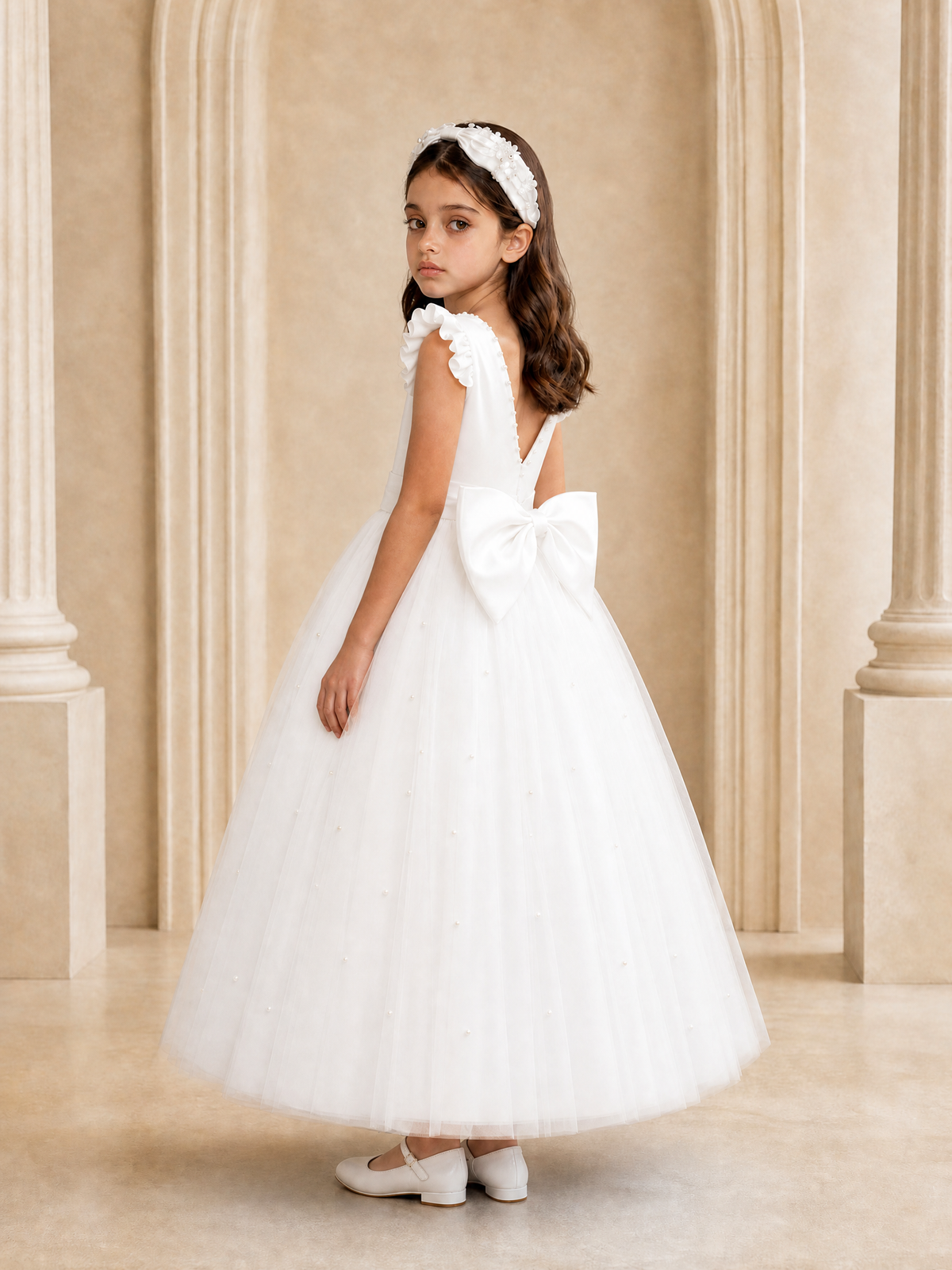 BOLODOO White Tulle Flower Girl Dress with Ruffle Sleeves & Bow Back - White - White_1