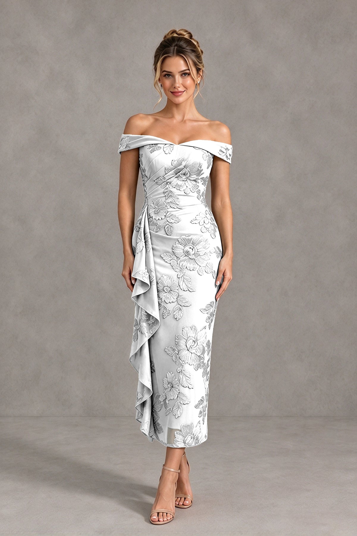 BOLODOO White Off Shoulder Floral Jacquard Midi Dress - White - White(1)
