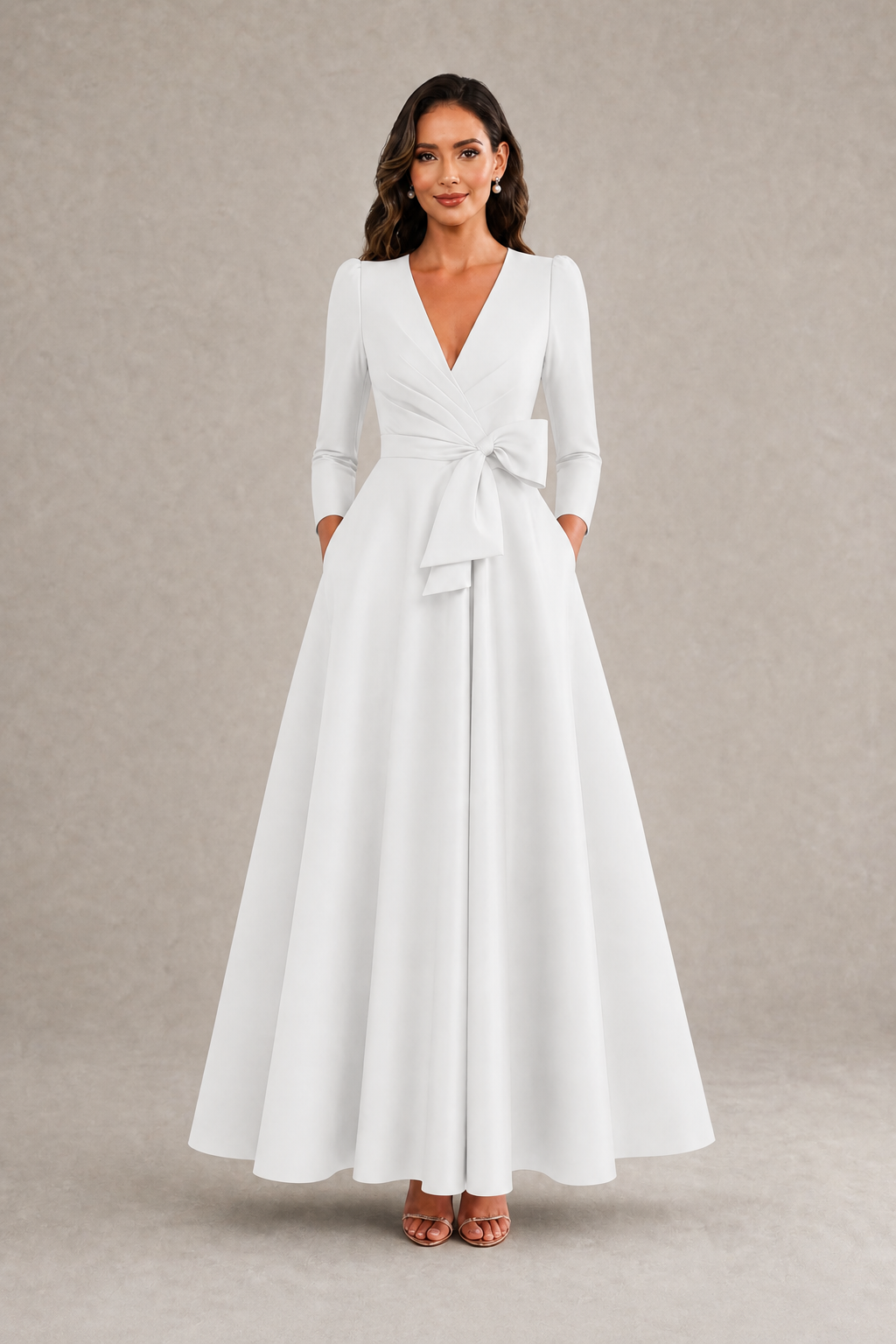 BOLODOO White Satin Deep V-Neck Wrap 3/4 Puff Sleeve A-Line Ball Gown Maxi Dress with Oversized Bow Belt - White