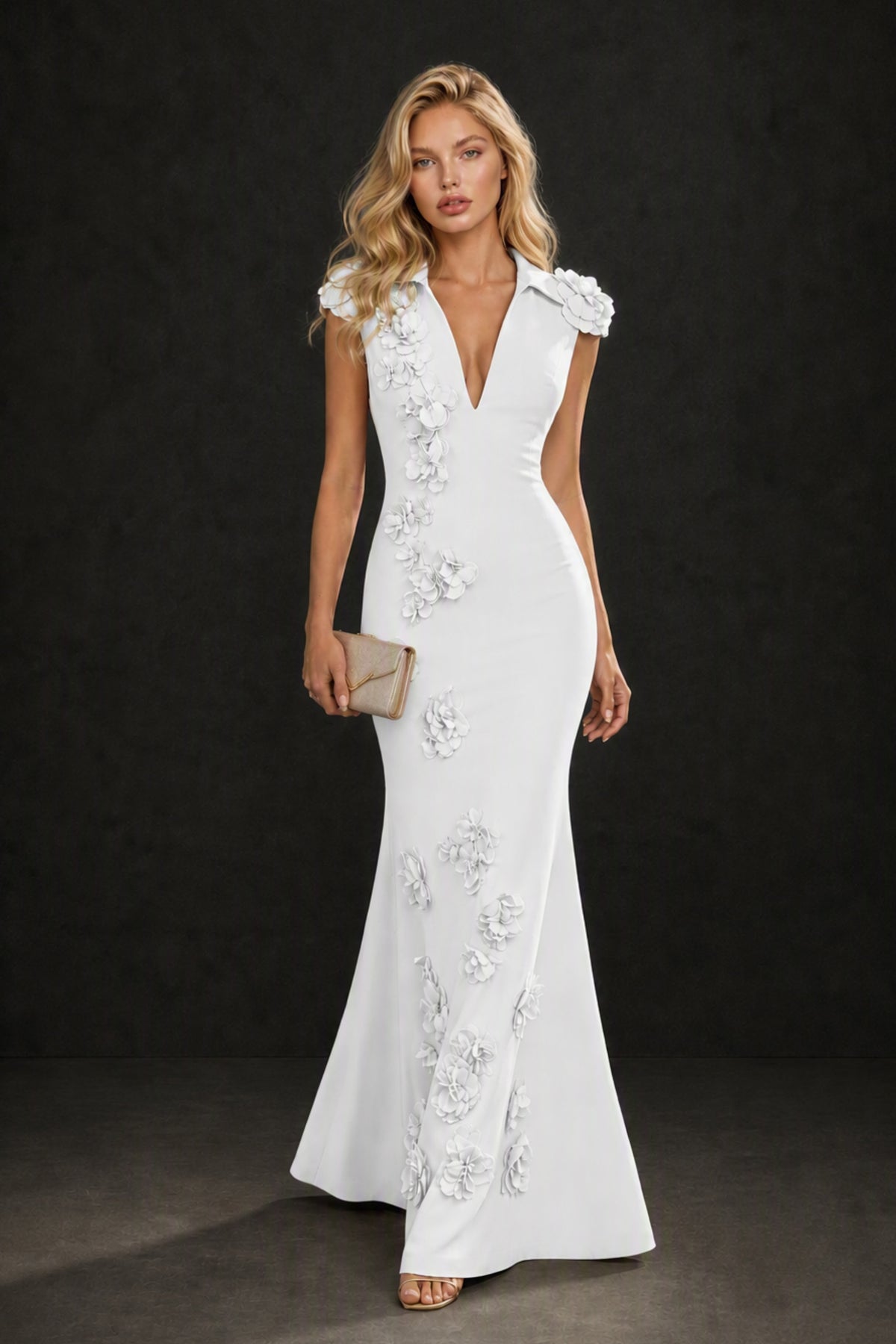 BOLODOO White 3D Floral Appliqué Deep V-Neck Cap Sleeve Mermaid Gown - White