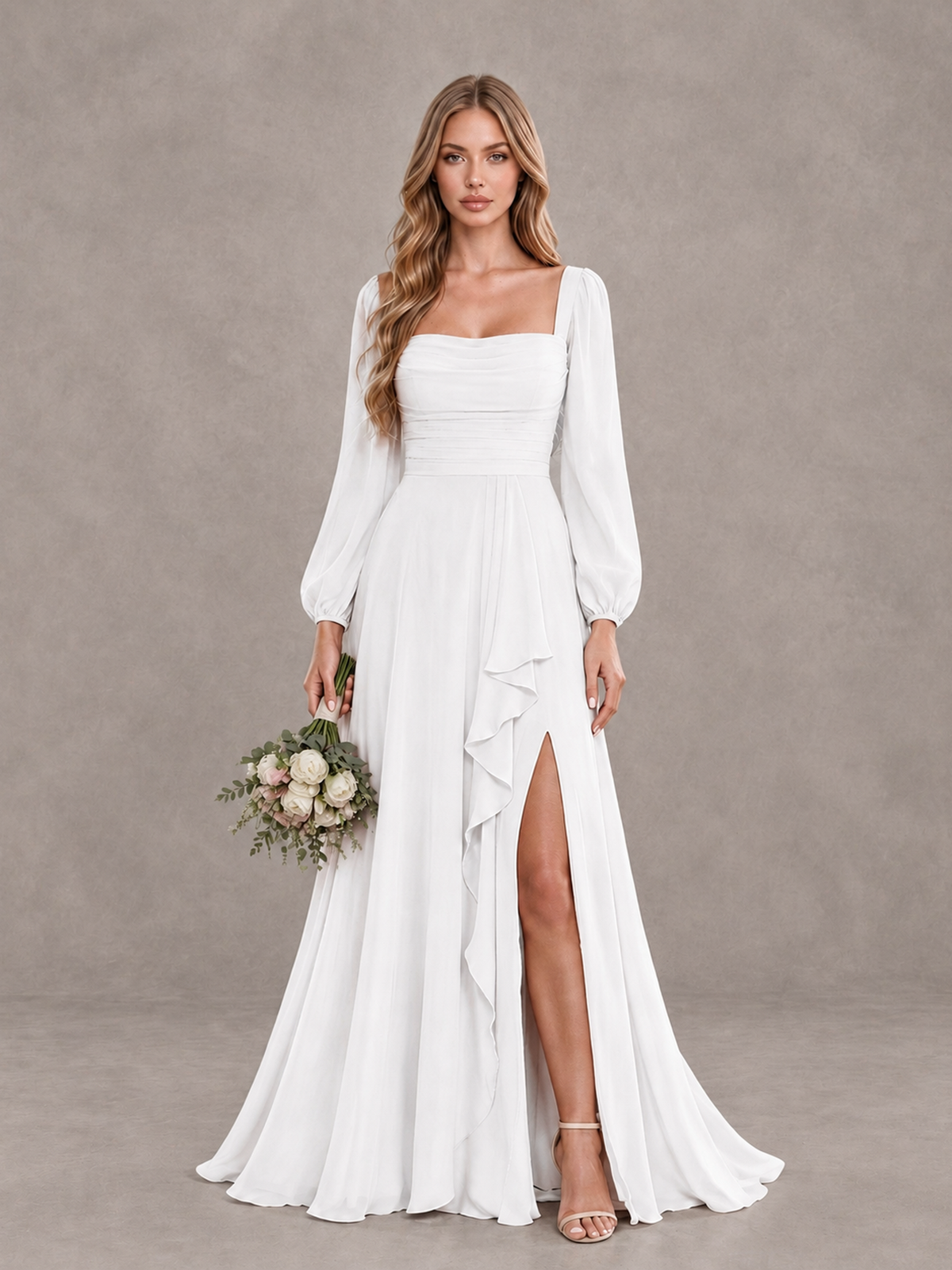 BOLODOO White Square Neck Long Sleeve Bridesmaid Dress with Ruffle Slit - White - White_1