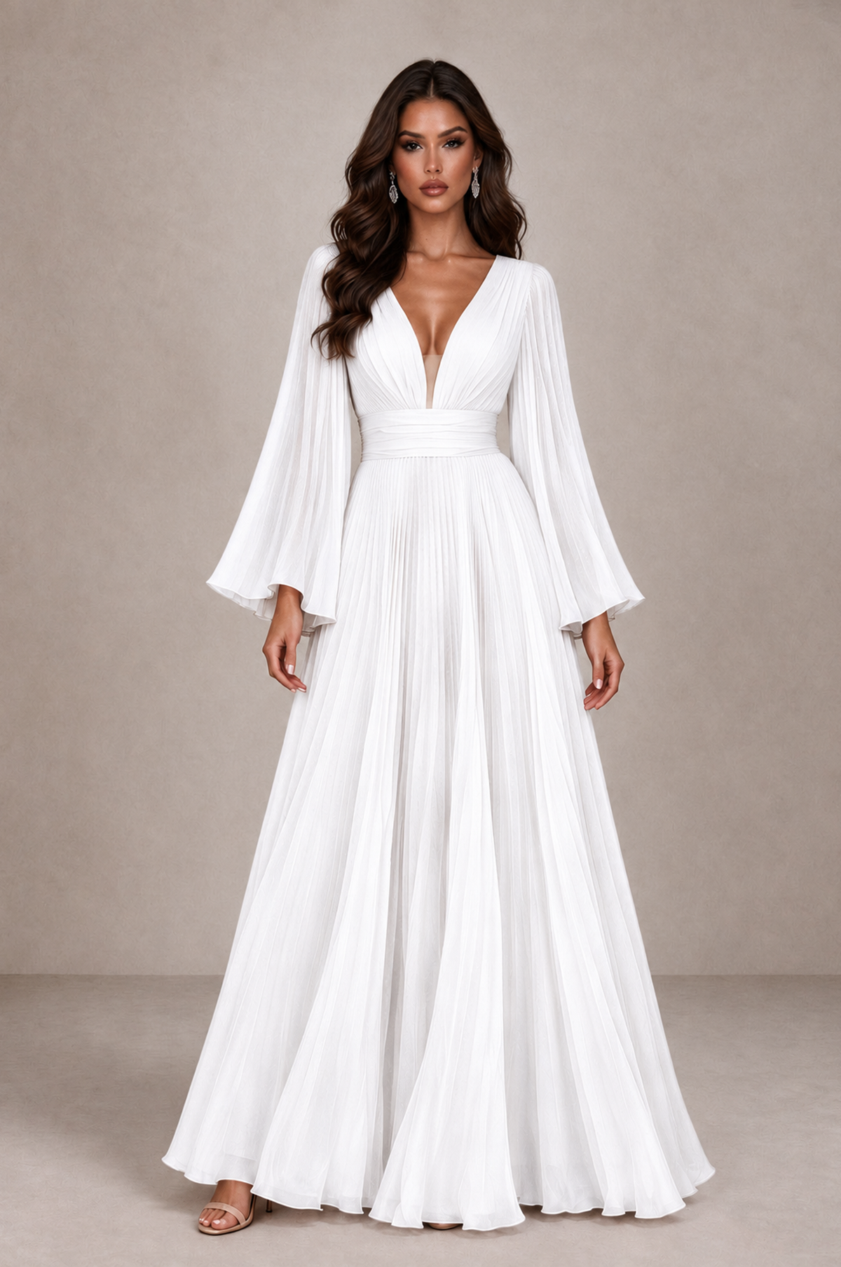 BOLODOO White Pleated Deep V-Neck Long Bell Sleeve Evening Dress - White - White_1