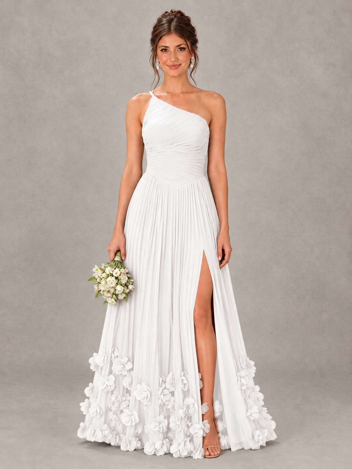 BOLODOO White One-Shoulder Pleated Bridesmaid Dress with 3D Floral Hem - White - White_1