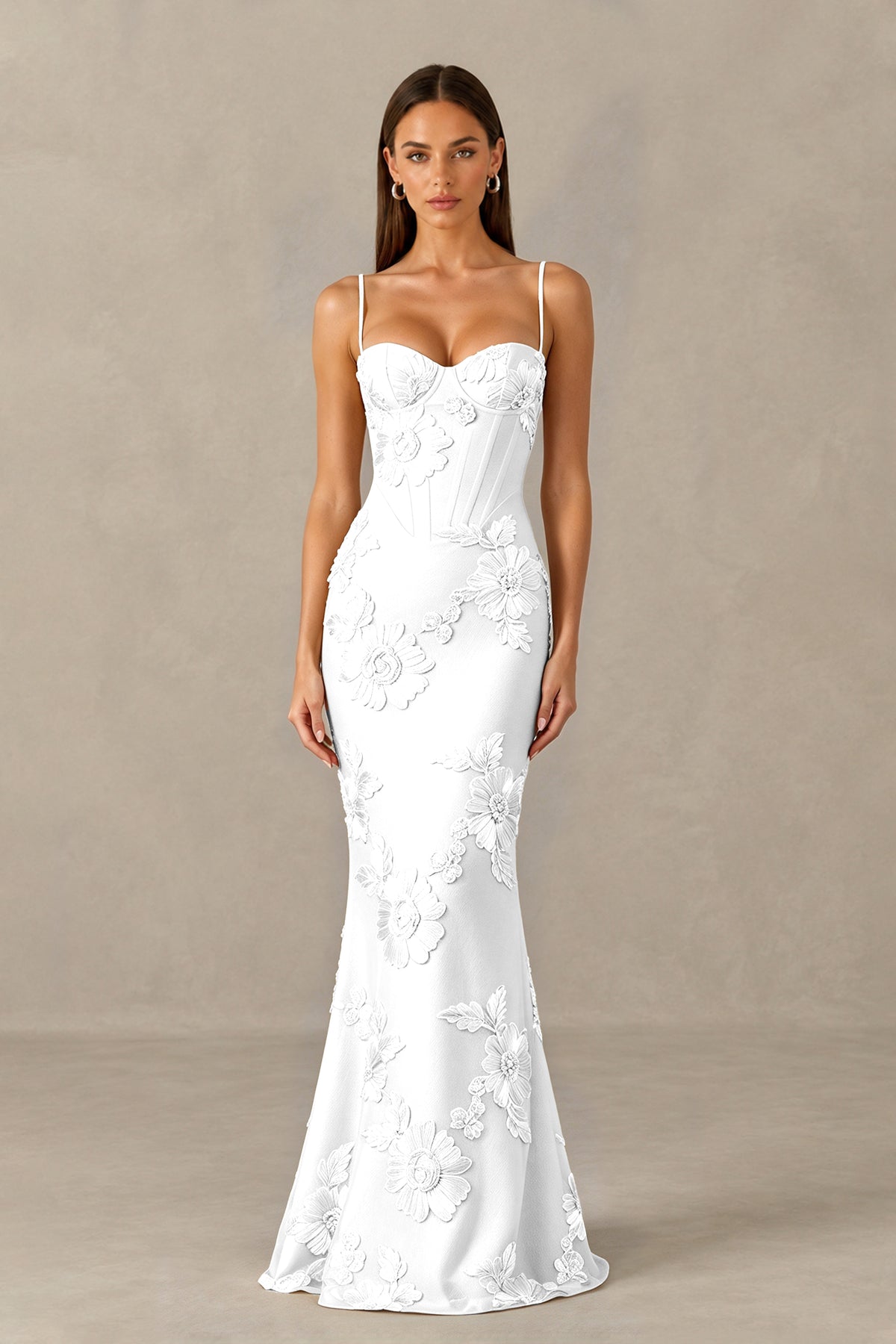 BOLODOO White Floral Lace-Up Back Mermaid Maxi Dress - White
