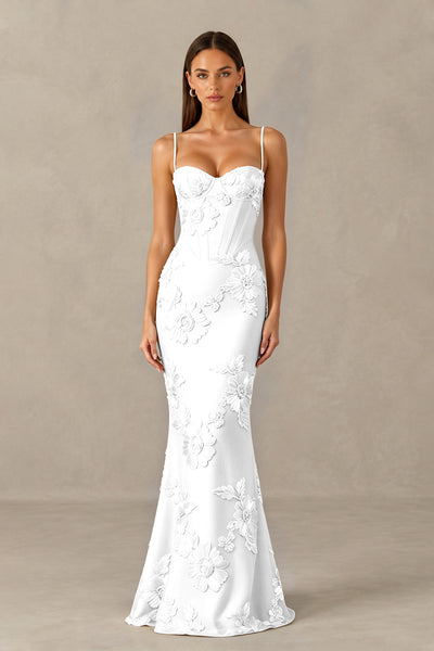 BOLODOO White Floral Lace-Up Back Mermaid Maxi Dress - White
