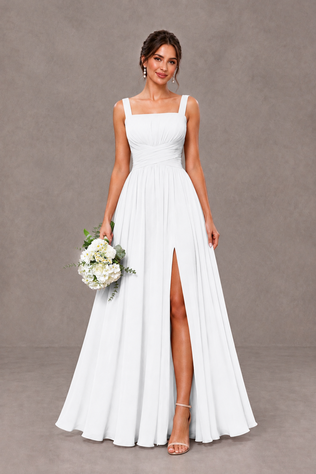 BOLODOO White Square Neck A-Line Bridesmaid Dress with Slit - White - White_1