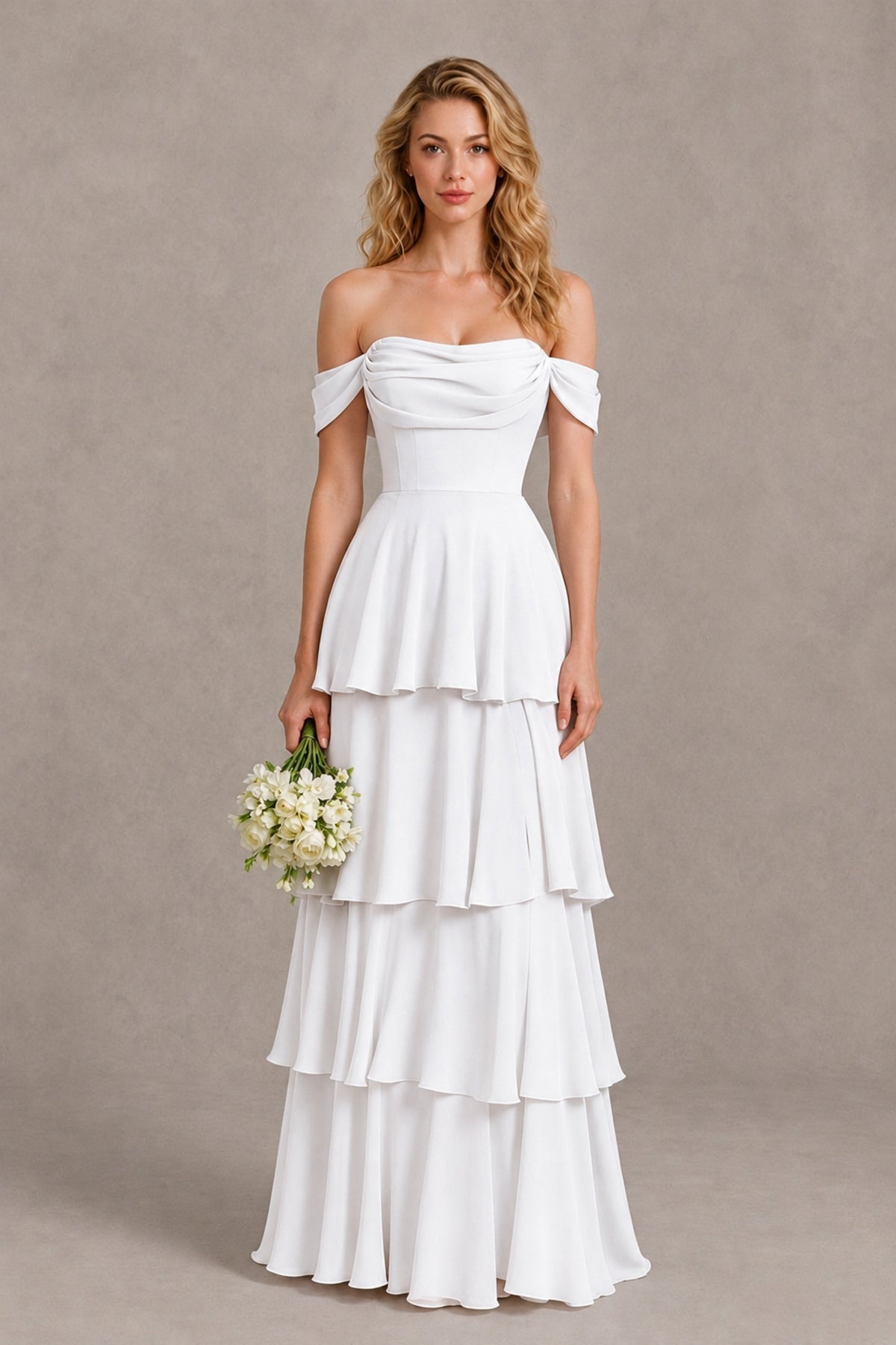 BOLODOO White Off-the-Shoulder Tiered A-Line Evening Bridesmaid Dress - White - White_1