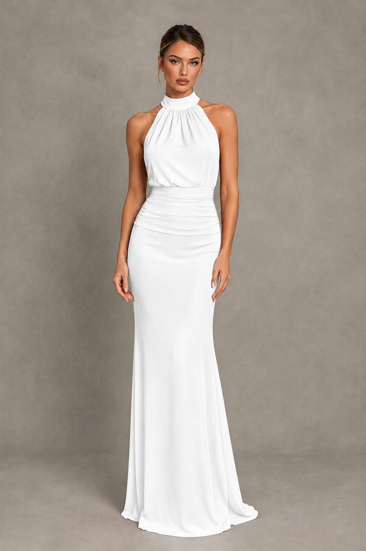 BOLODOO White Chiffon Halter Maxi Formal Wedding Guest Dress - White - White_1