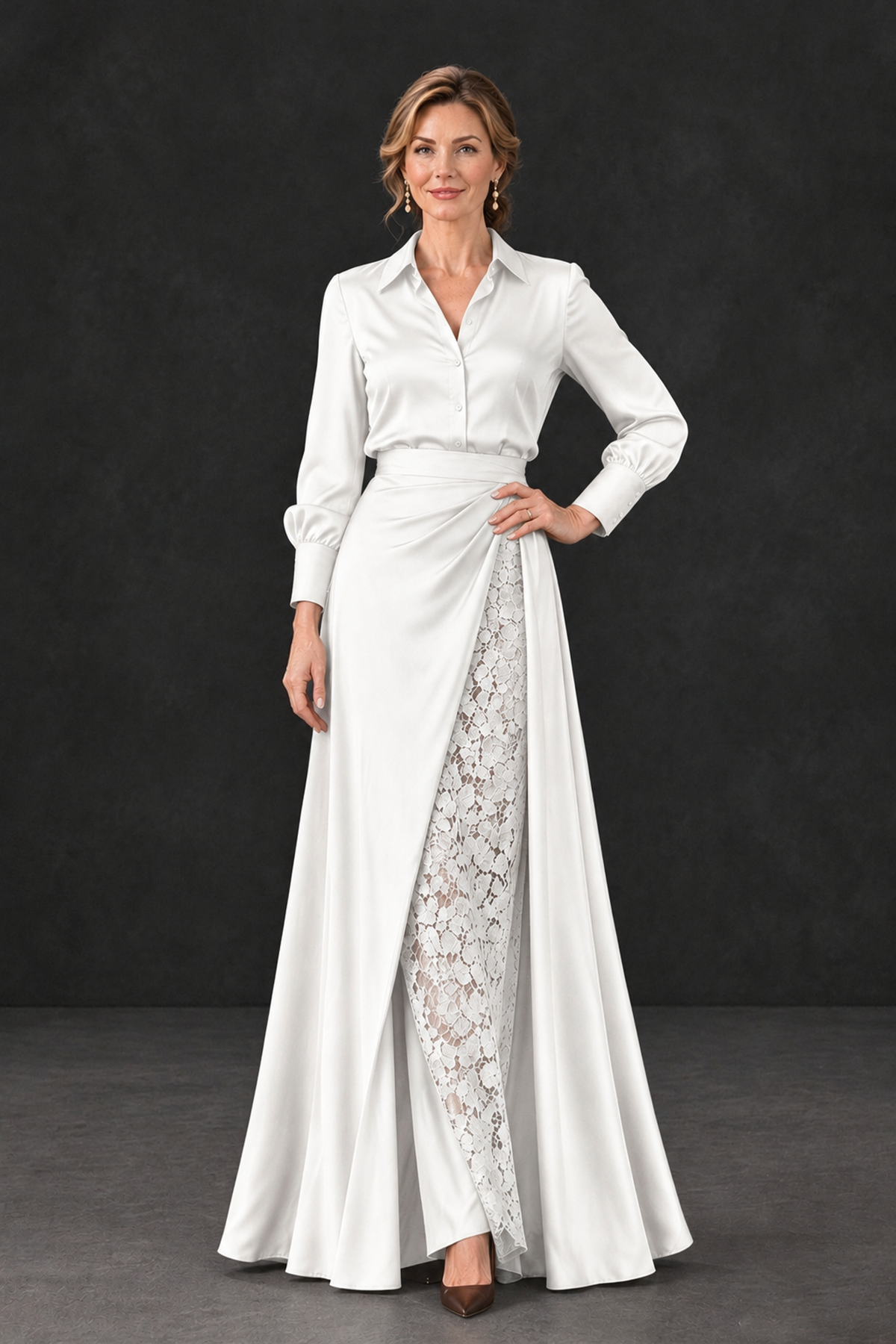BOLODOO White Long Sleeve Satin-Look Lace Panel Gown - White - White_1