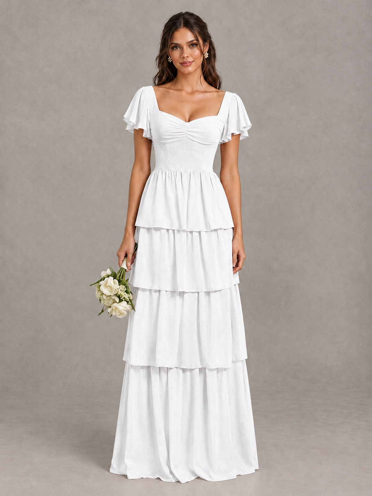 BOLODOO White Flutter Sleeve Tiered Maxi Bridesmaid Dress - White - White_1