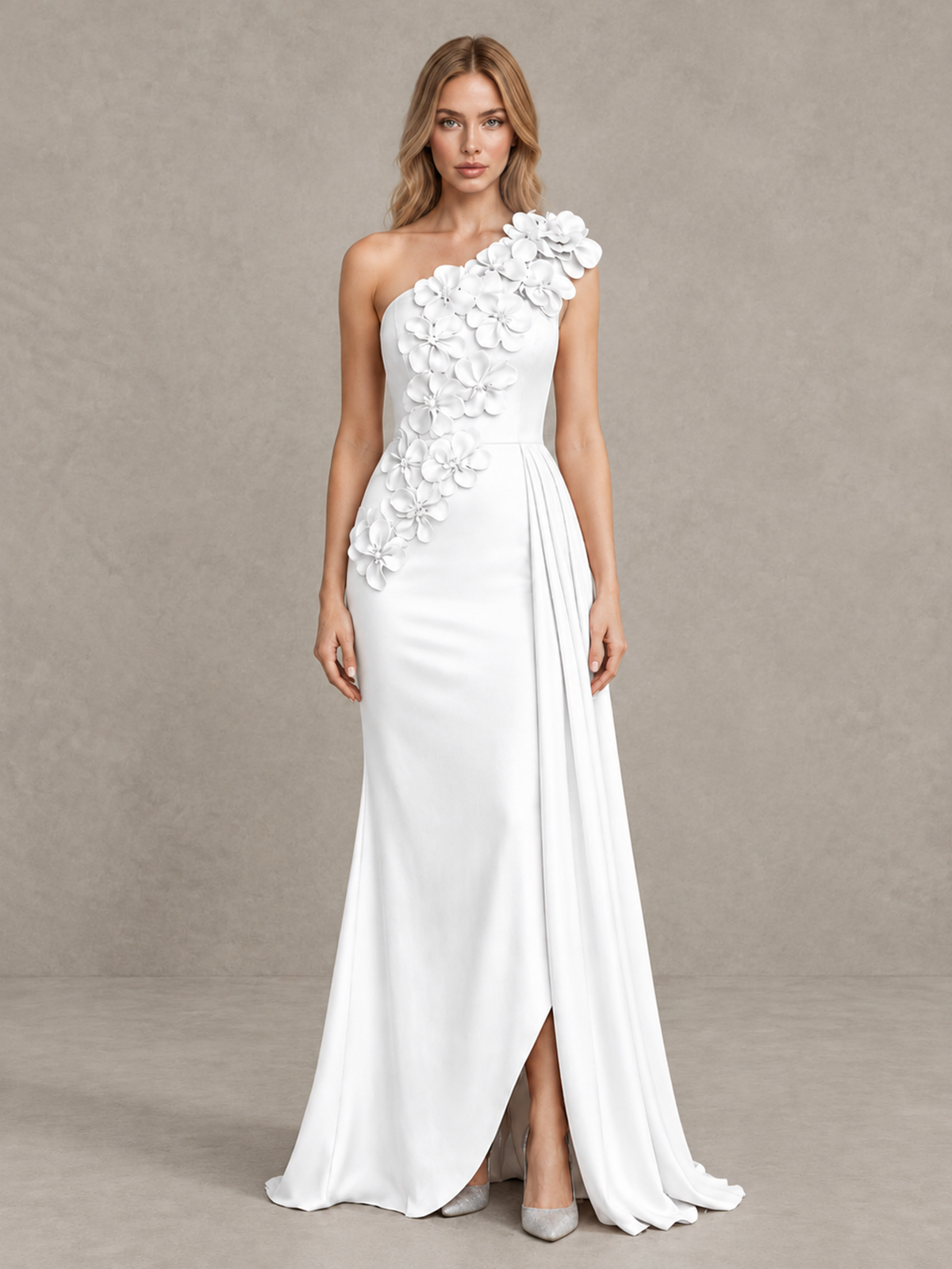 BOLODOO White One-Shoulder Satin Mermaid Evening Gown with 3D Floral Appliqué - White - White_1