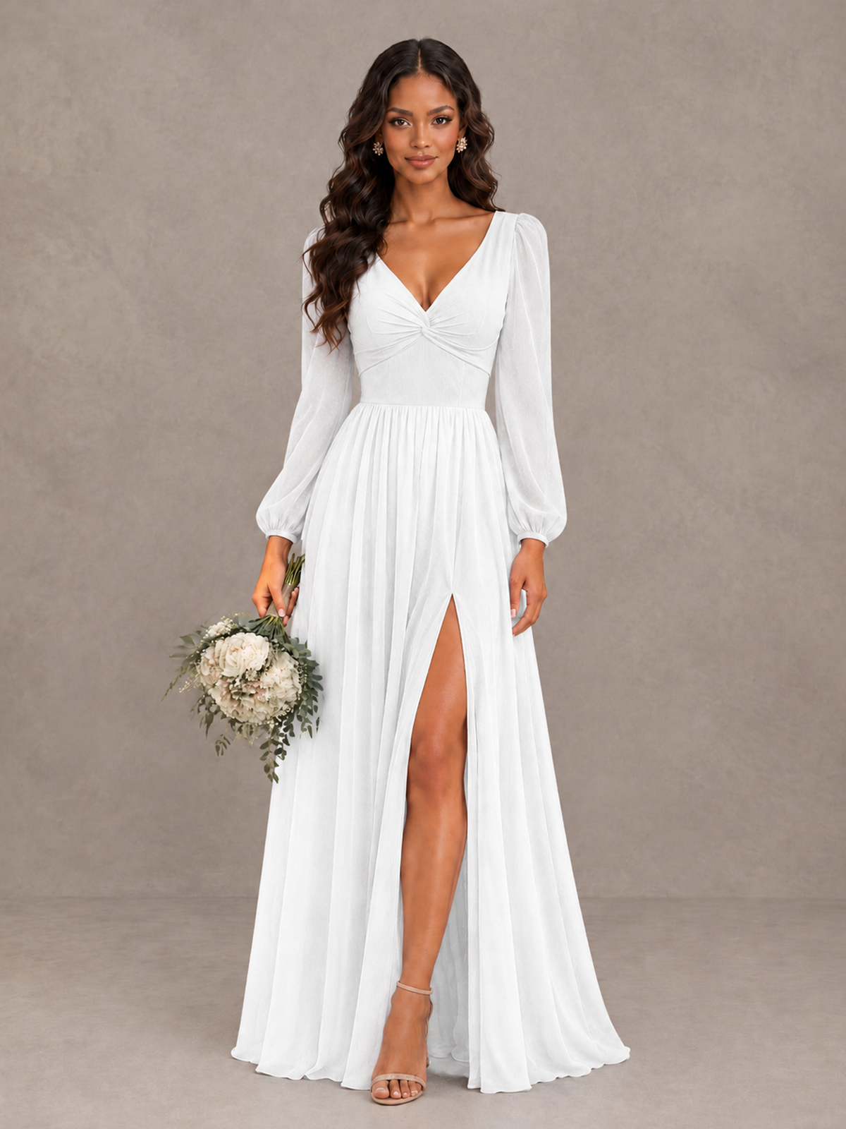 BOLODOO White V-Neck Long Sleeve Bridesmaid Dress with Tie Back and Slit - White - White_1