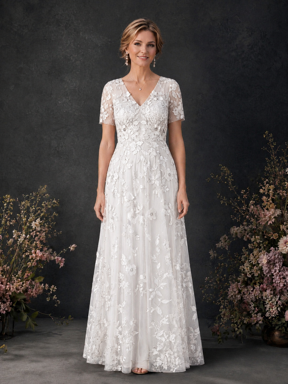 BOLODOO White 3D Floral Embroidered Lace V-Neck Short Sleeve A-Line Maxi Dress - White