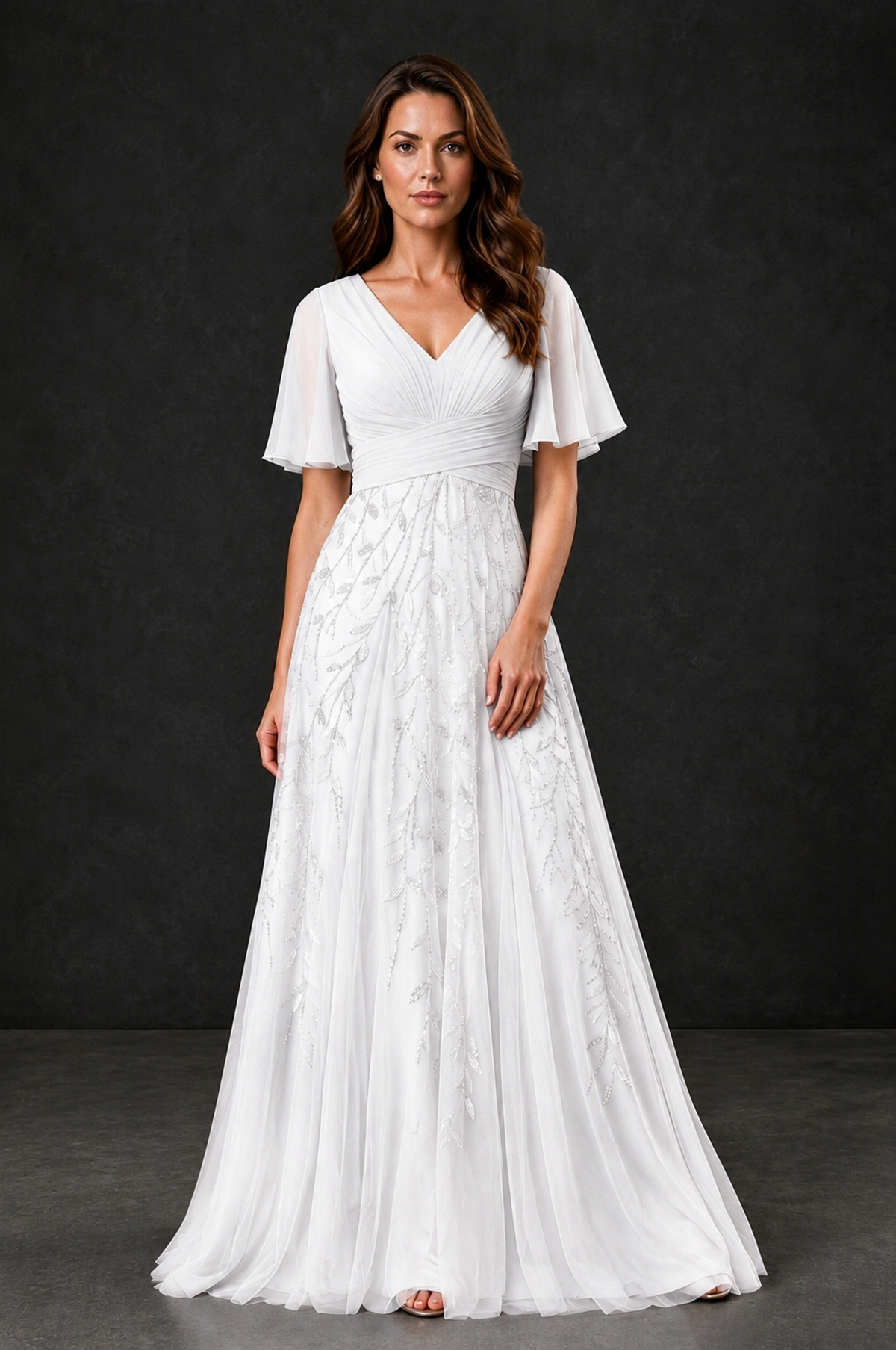 BOLODOO White V-Neck Flutter Sleeve Beaded Botanical Tulle A-Line Gown | Mother of the Bride Evening Dress - White - White_1