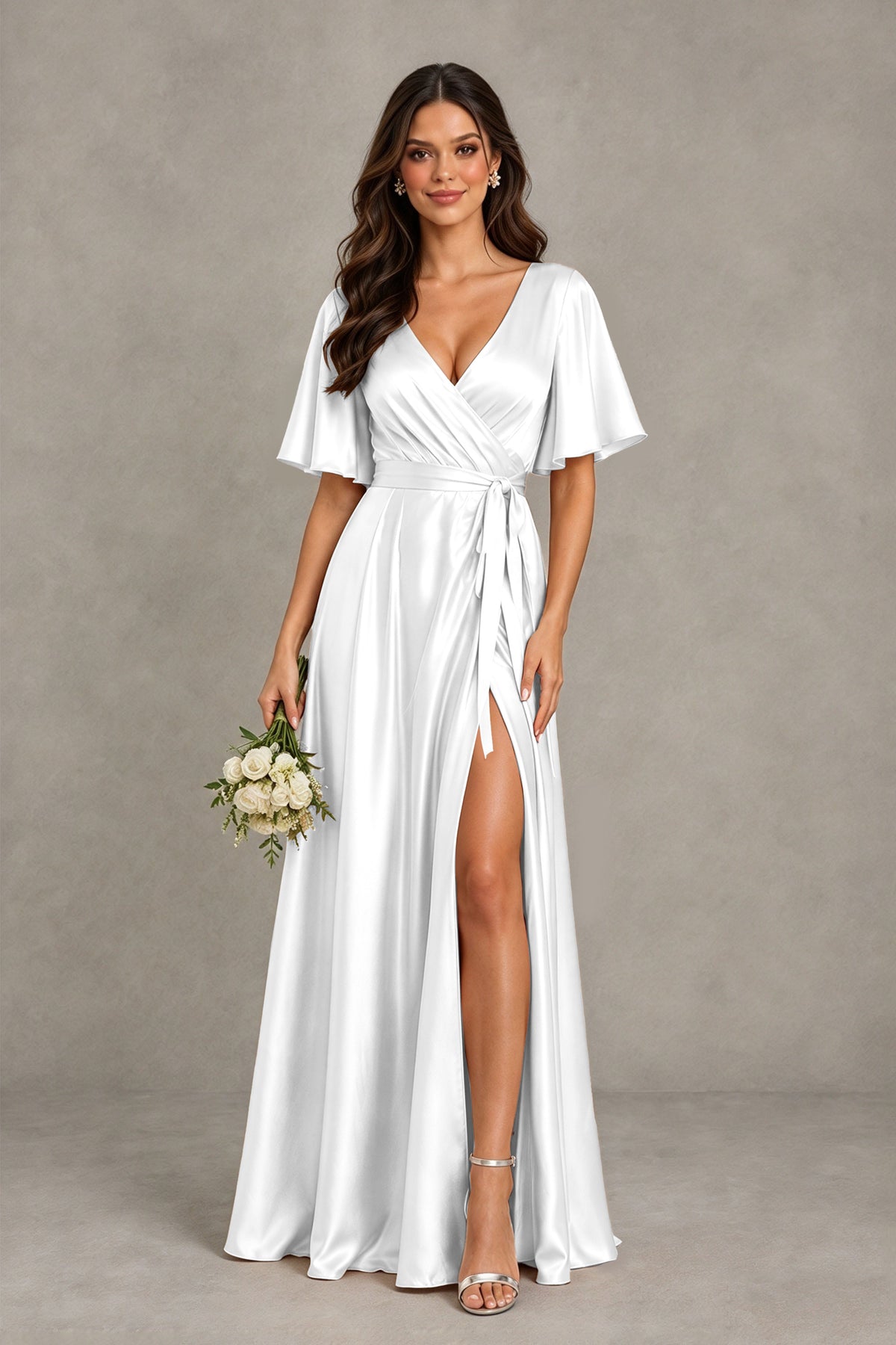BOLODOO White Satin V-Neck Flutter Sleeve Bridesmaid Dress with Slit - White - White(1)