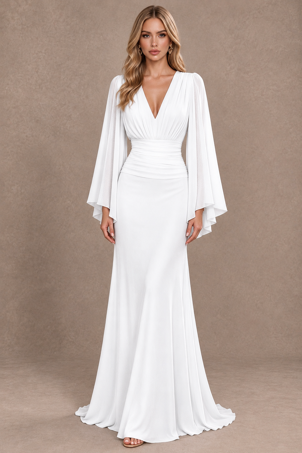 BOLODOO White Cape Sleeve V-Neck Ruched Chiffon Evening Dress - White - White_1