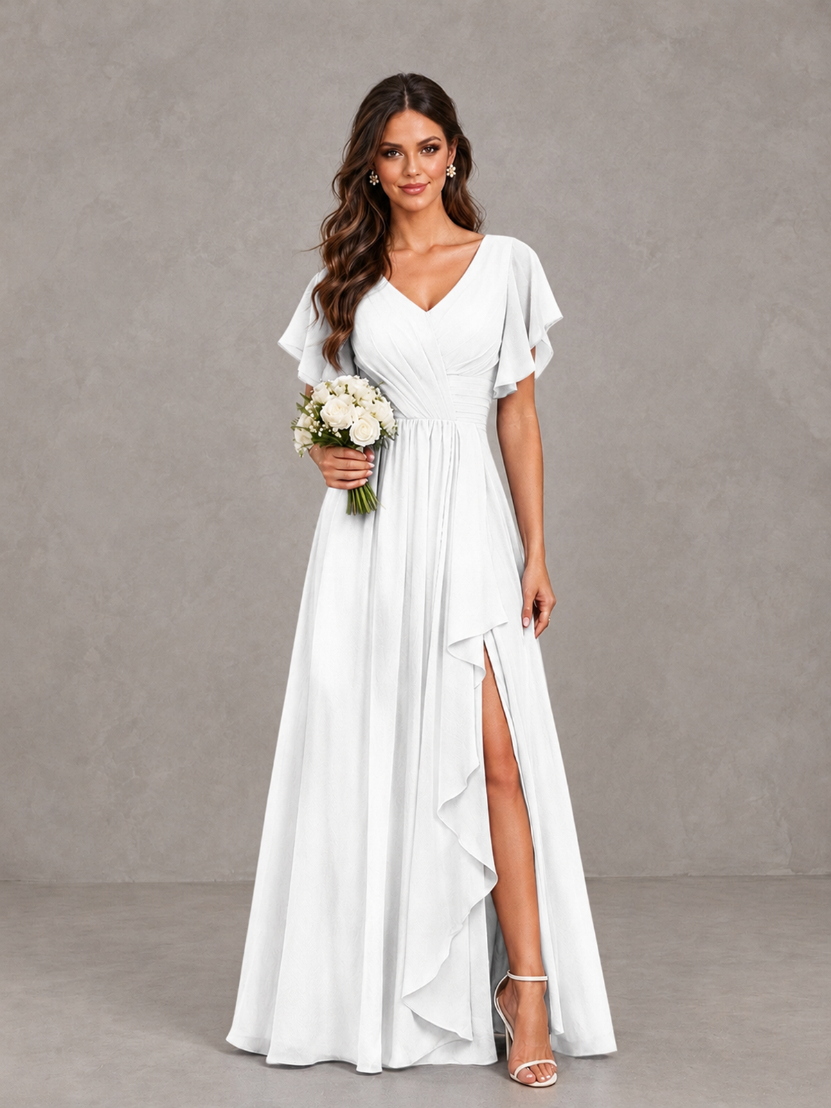 BOLODOO White Flutter Sleeve V-Neck Bridesmaid Dress with Ruffle Slit - White - White_1