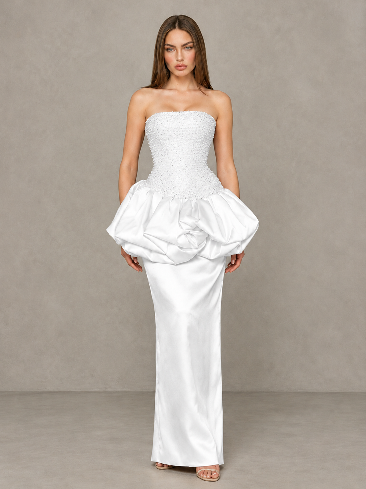 BOLODOO White Strapless Embellished Bubble Peplum Evening Dress - White - White_1