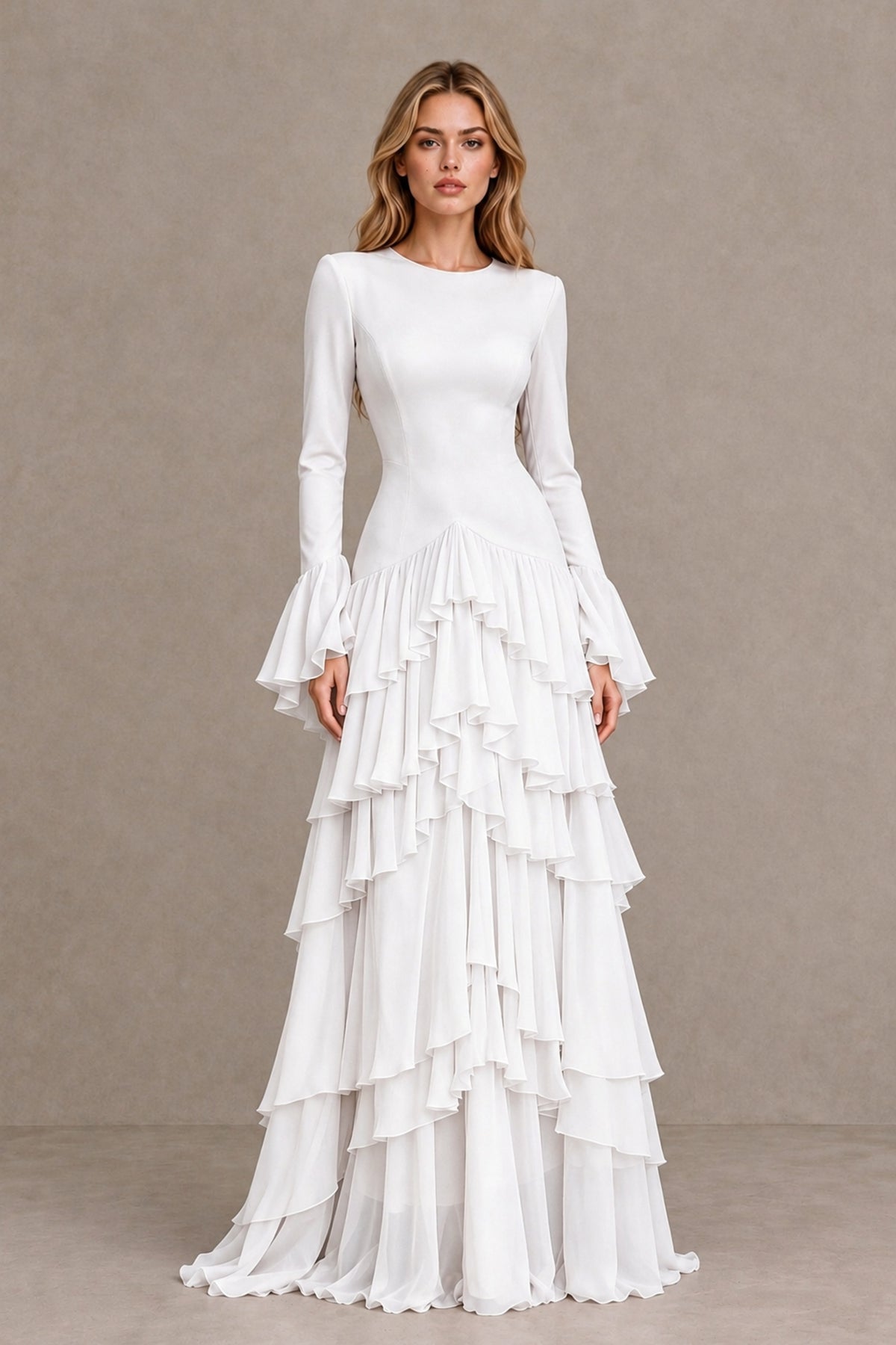 White Long Sleeve Tiered Ruffle Evening Gown - White - White_1