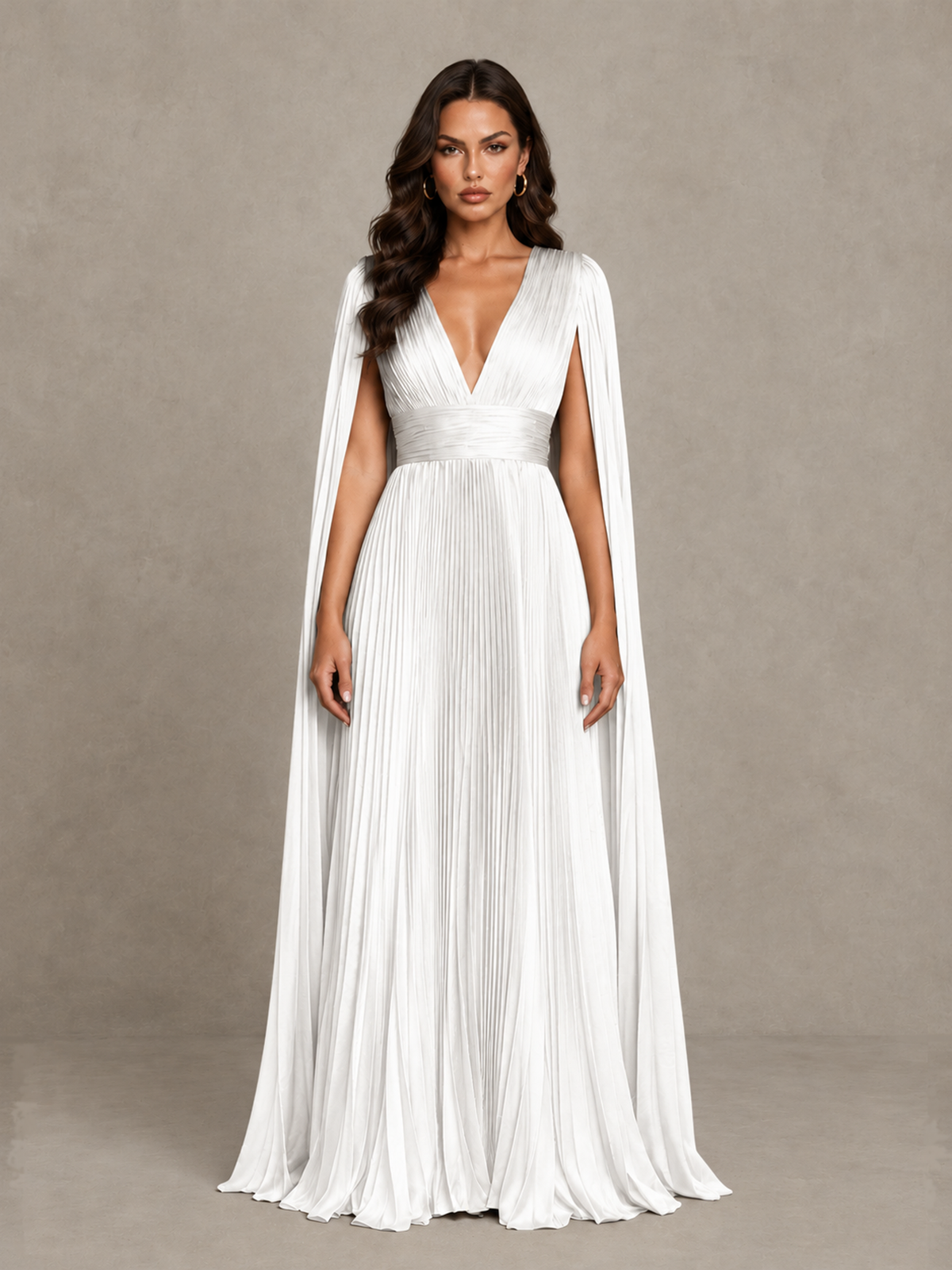 BOLODOO White Deep V-Neck Pleated Cape Sleeve Evening Gown - White - White_1