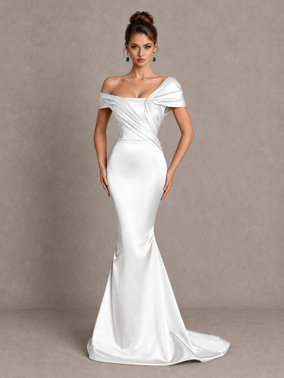 BOLODOO White Off-Shoulder Satin Mermaid Prom Dress - White - White_1