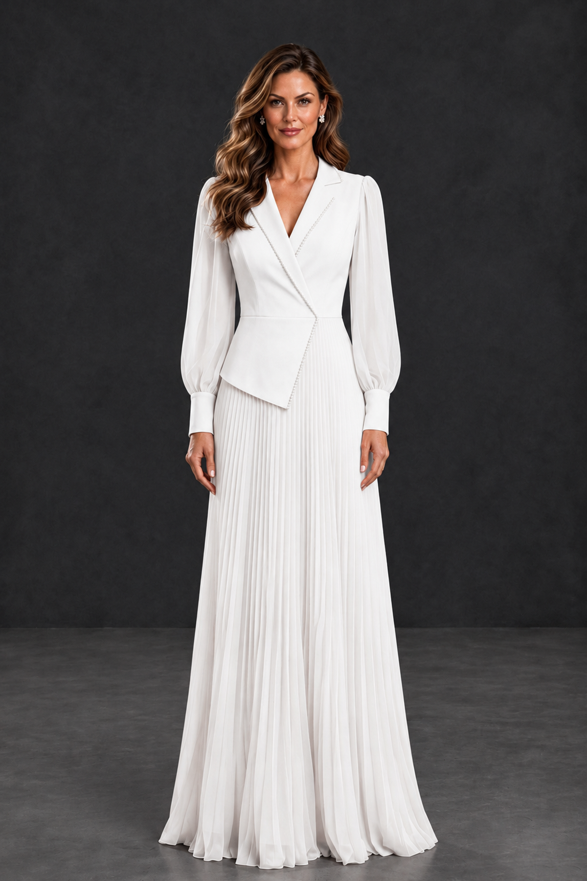 BOLODOO White Long Sleeve Pleated Mother of the Bride Dress - White - White_1