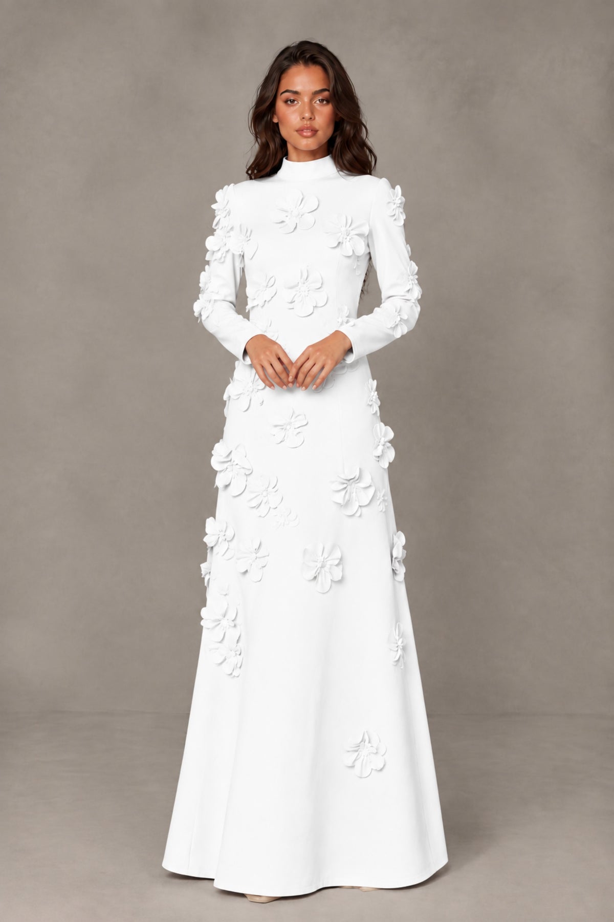 BOLODOO White High Neck Long Sleeve 3D Floral Evening Gown - White