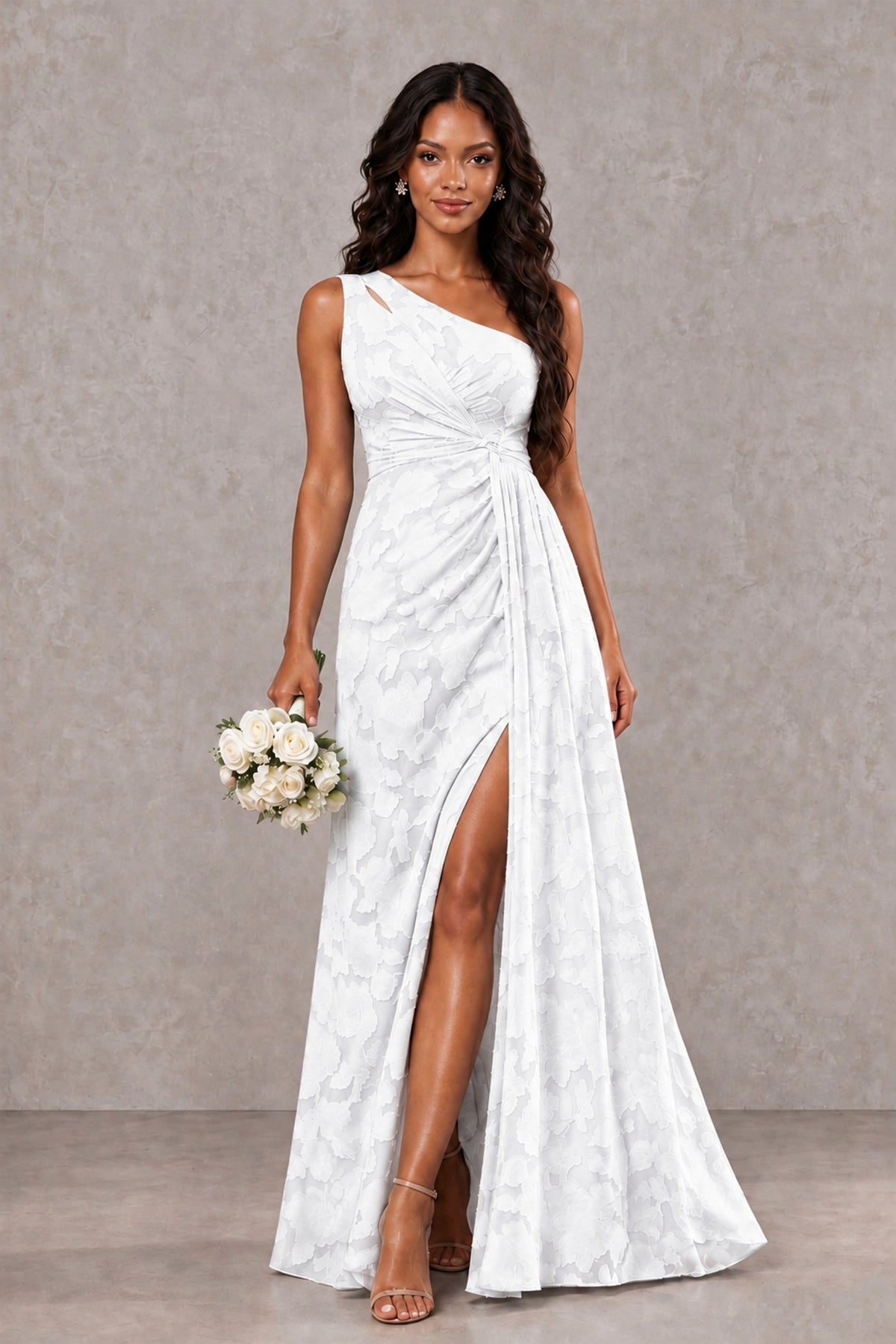 BOLODOO White One-Shoulder Floral Textured Maxi Dress with High Slit - White - White_1