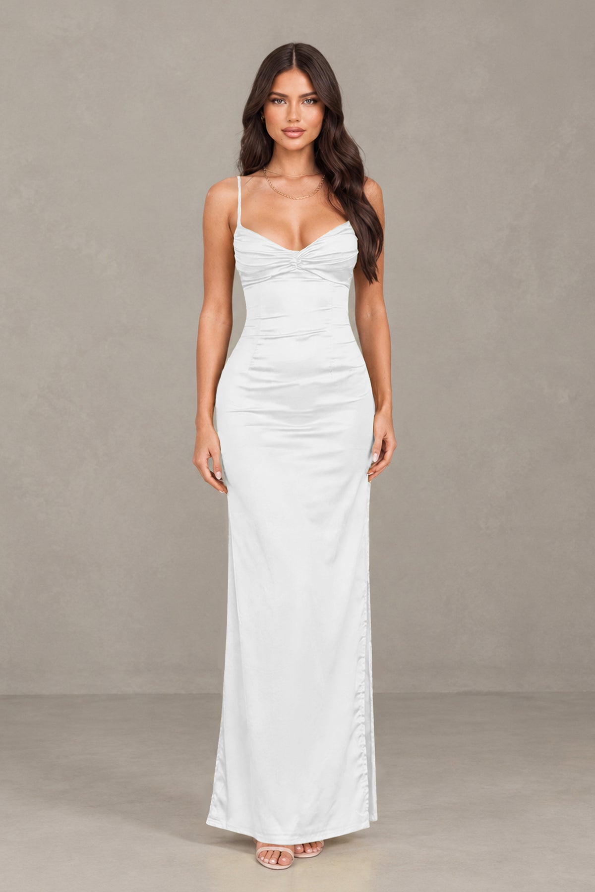 BOLODOO White Satin Cowl Neck Open Back Mermaid Maxi Dress with Side Slit - White