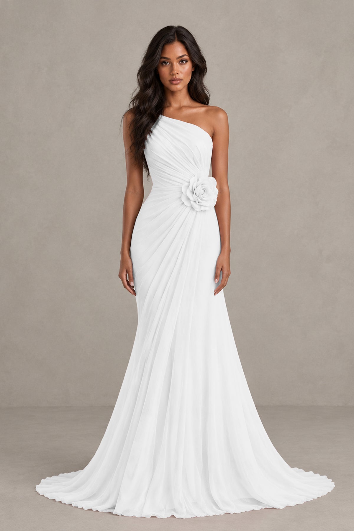 BOLODOO White One-Shoulder Floral Ruched Maxi Dress - White