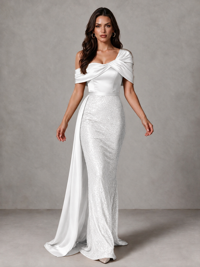 BOLODOO White Sequin Mermaid Evening Dress with Off-Shoulder Satin Drape and Sweep Train - White - White_1