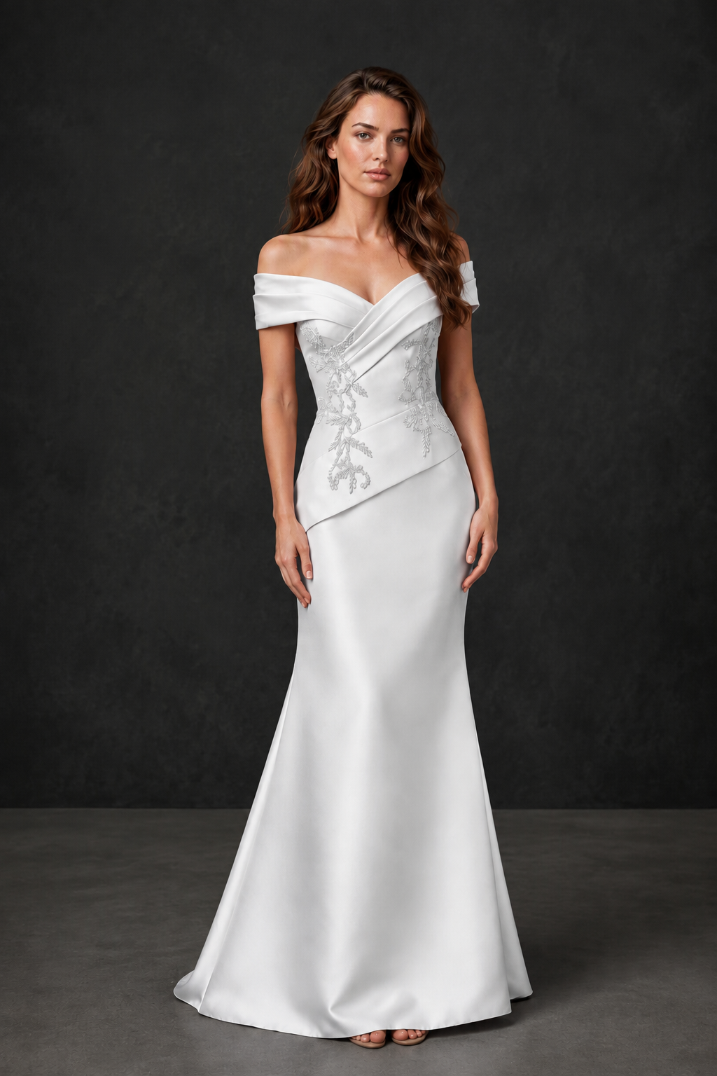 BOLODOO White Satin Off-Shoulder Sweetheart Asymmetric Peplum Mermaid Gown with White Floral Embroidery | MOB Evening Dress - White
