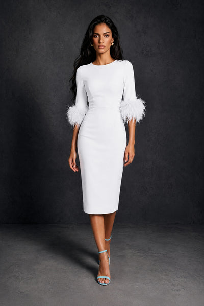 BOLODOO White Ostrich Feather Cuff 3/4 Sleeve Round Neck Bodycon Midi Dress with Back Slit - White