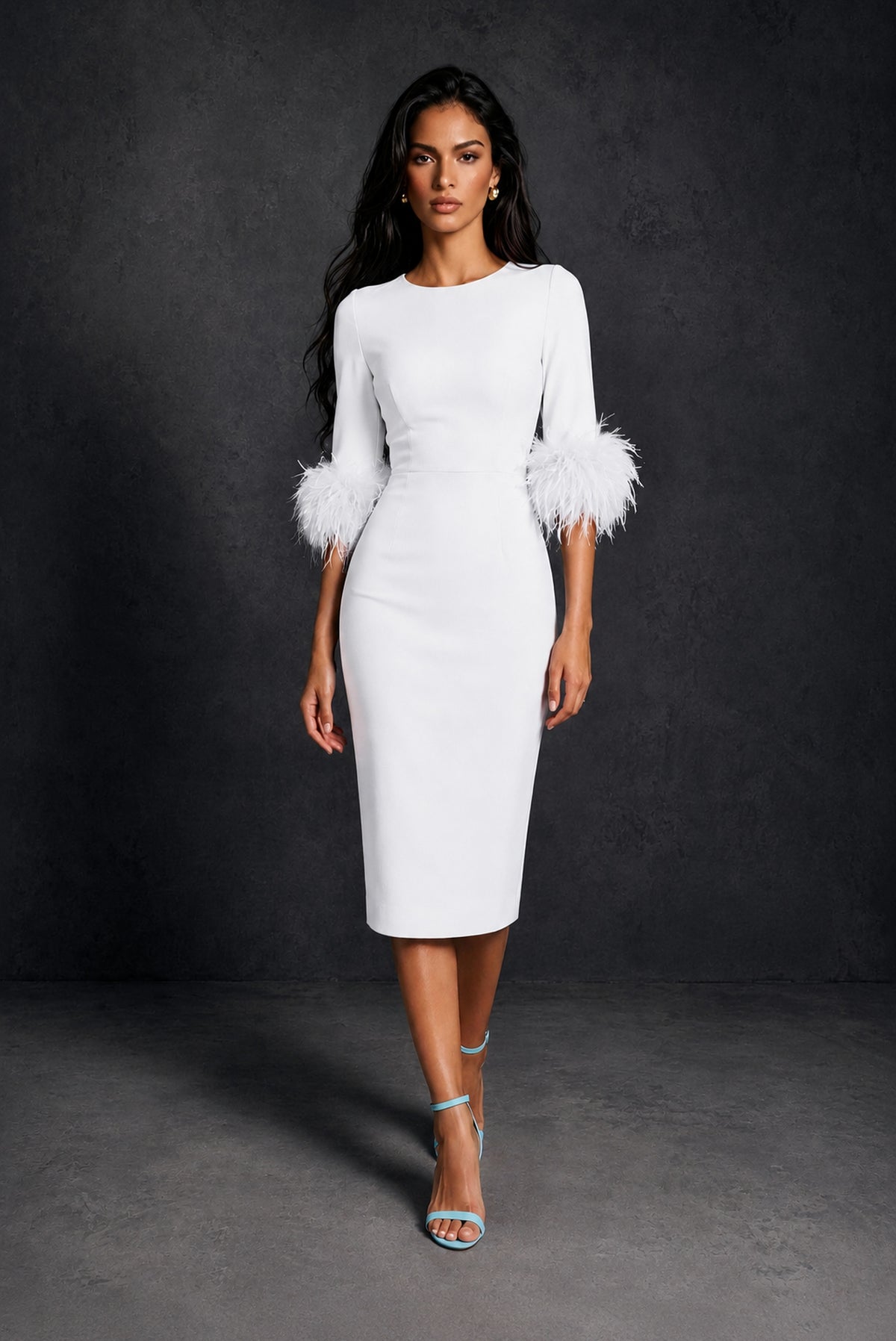 BOLODOO White Ostrich Feather Cuff 3/4 Sleeve Round Neck Bodycon Midi Dress with Back Slit - White