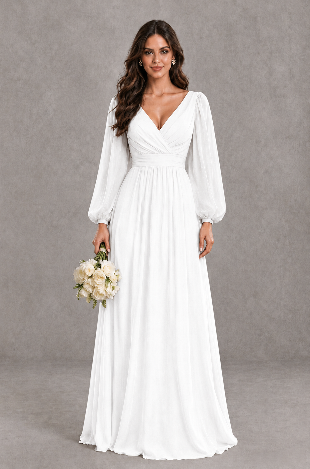 BOLODOO White Long Sleeve V-Neck A-Line Bridesmaid Dress - White - White_1