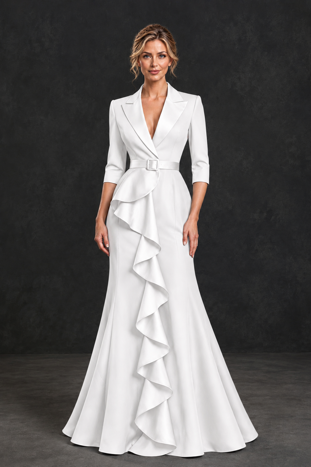 BOLODOO White Lapel Ruffle Mother of the Bride Dress with Belt - White - White_1
