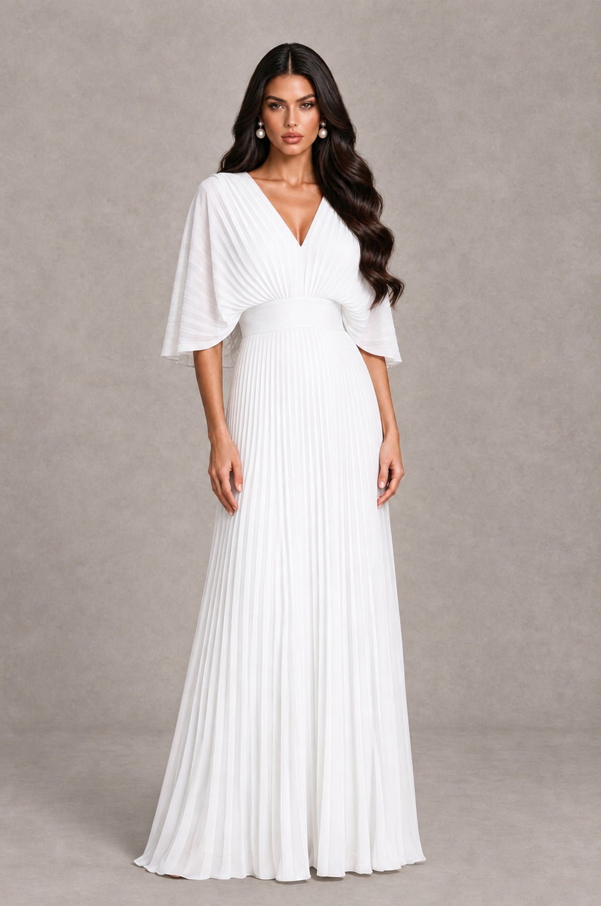 BOLODOO White V-Neck Pleated Flutter Sleeve Formal Dress - White - White_1