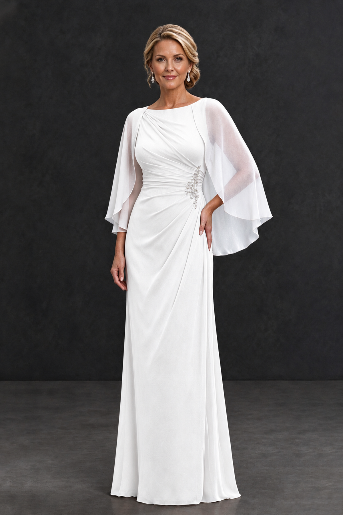 BOLODOO White Cape Sleeve Mother of the Bride Dress with Ruched Waist - White - White_1