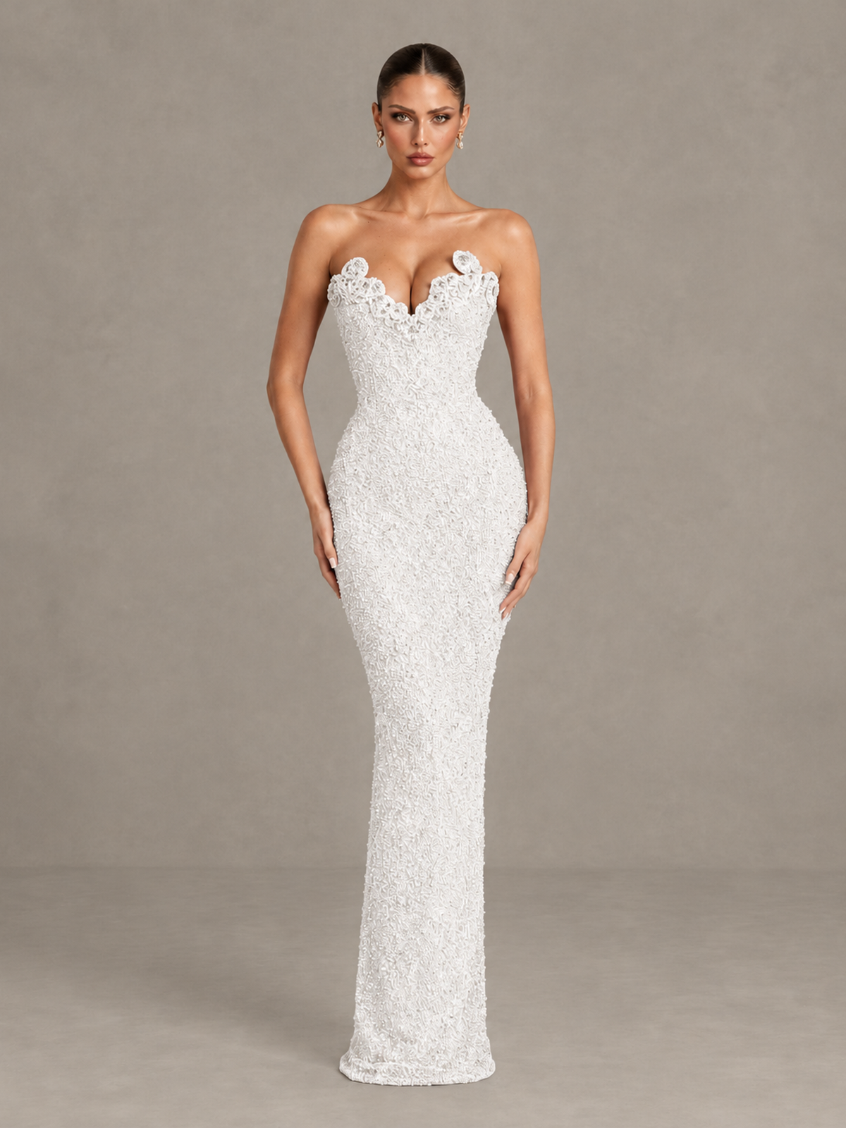BOLODOO White Strapless Sequin Evening Gown with Floral Neckline - White - White_1