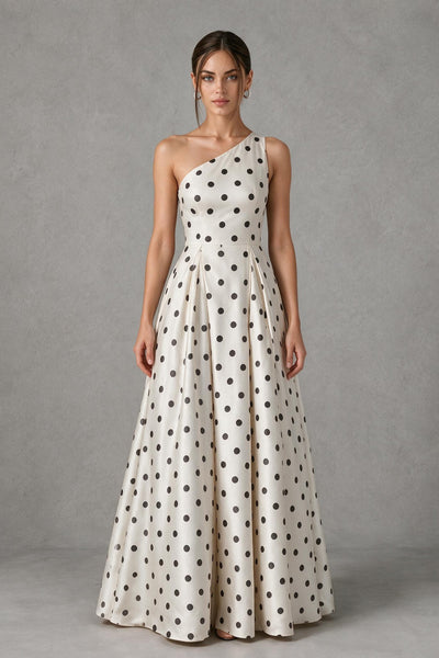 BOLODOO White and White Polka Dot One-Shoulder A-Line Maxi Dress - White
