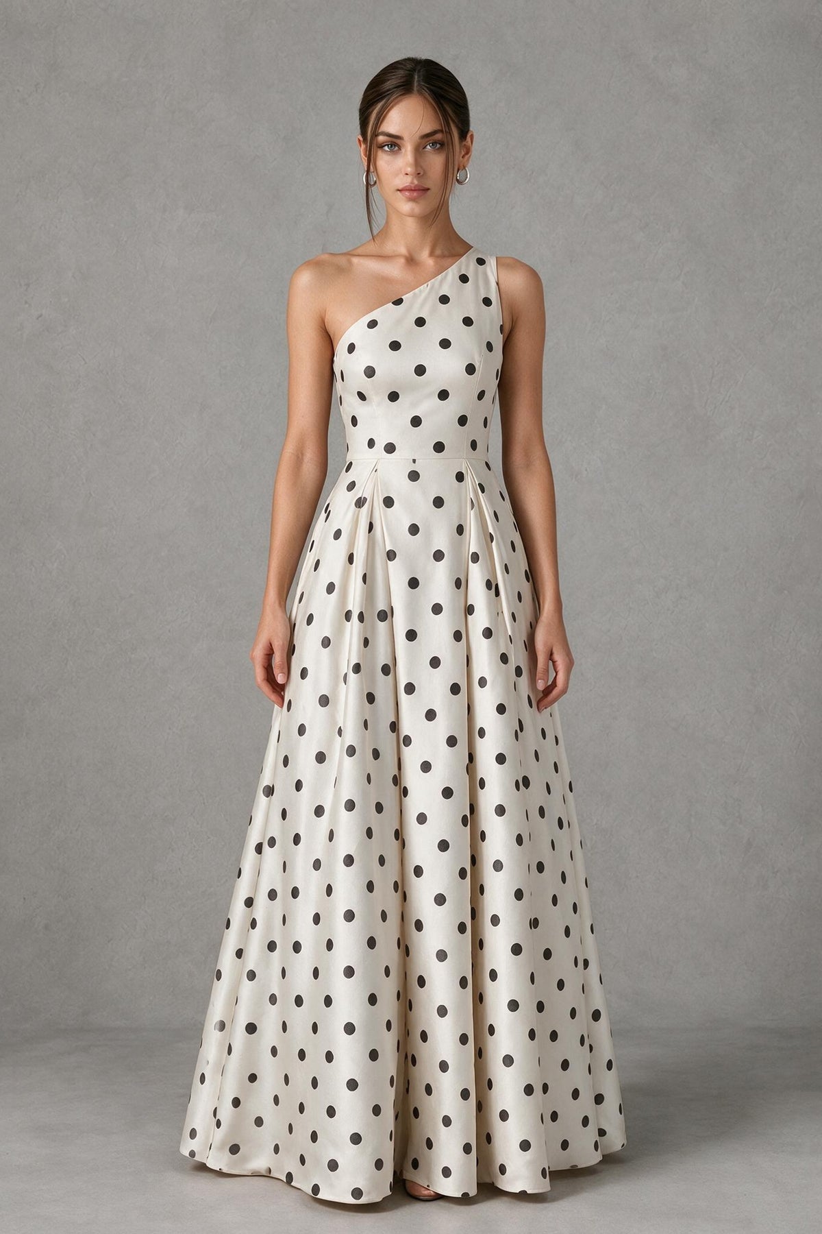 BOLODOO White and White Polka Dot One-Shoulder A-Line Maxi Dress - White